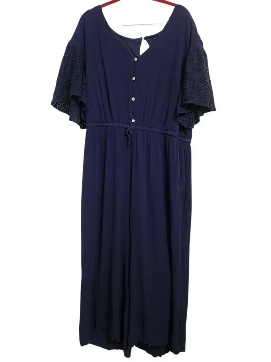 Lane Bryant Jumpsuit Navy One Piece Tie Waist Cottage Boho Lace Sleeve Size 20 - Picture 5 of 8